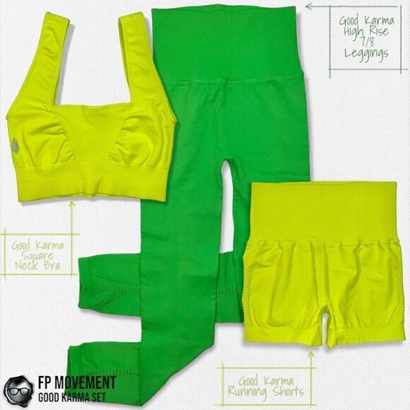 FP MOVEMENT GOOD KARMA SET: SQUARE NECK BRA + RUNNING SHORTS + LEGGINGS NEON NEW - Picture 1 of 16